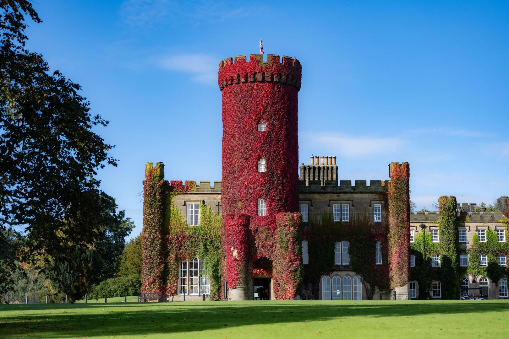 Swinton Park Hotel tower covered in Virginia creeper.