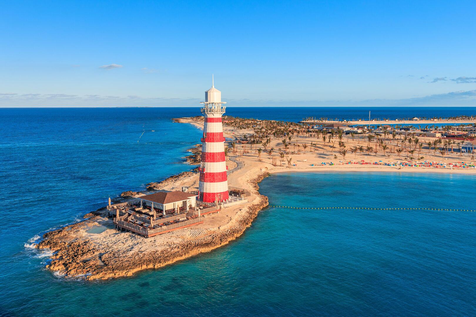 Aerial view of a lighthouse on Ocean Cay, Bahamas.